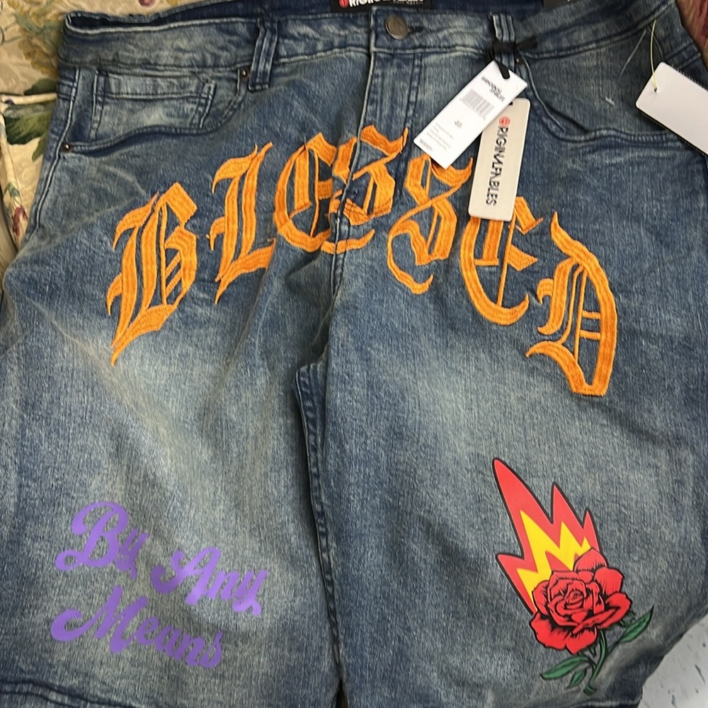 NWT Original Fables Blessed denim short jeans waist 39” Stretches to 40”